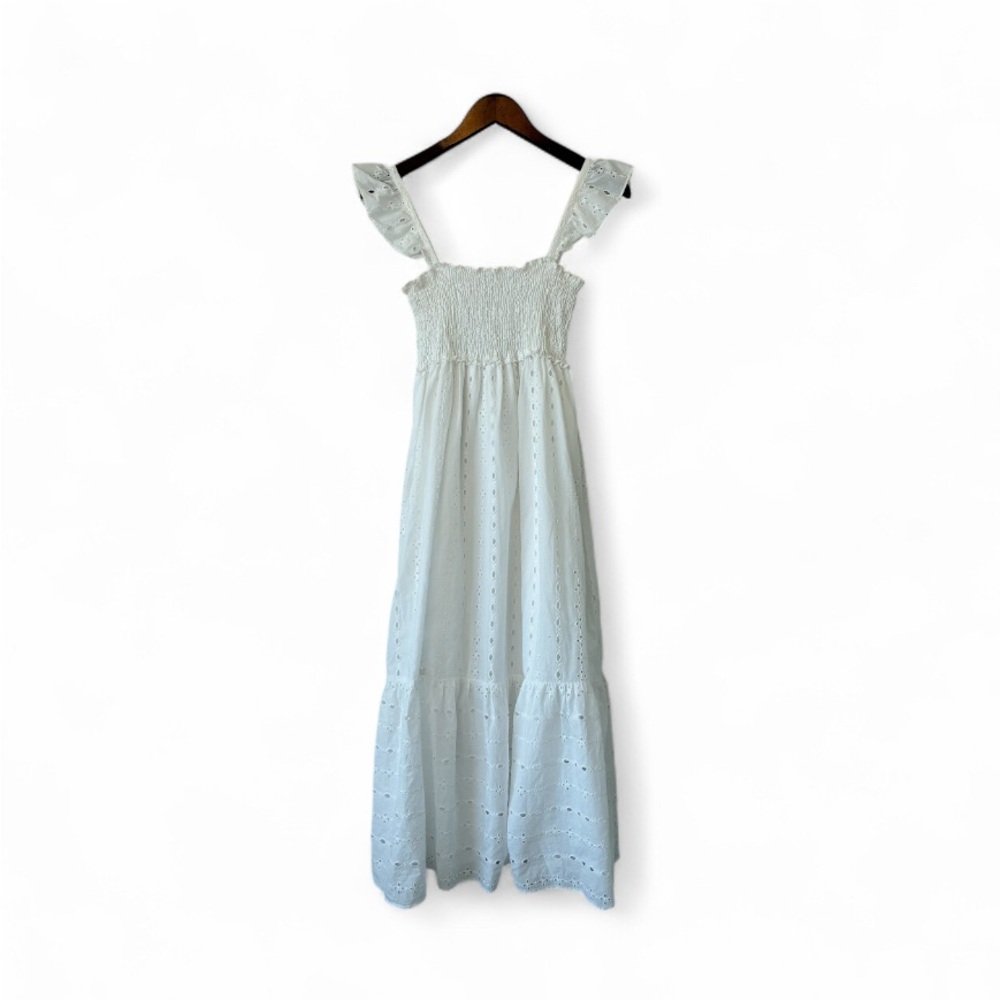 Zara White Eyelet Midi Maxi Dress Sz Medium. Travel tropical vacation summer